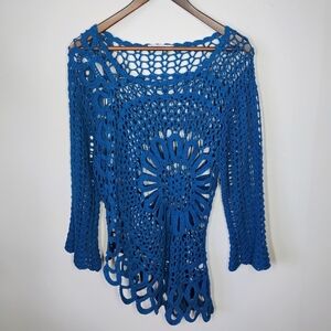 Tempo Paris Asymmetrical Open Knit Top Womens Medium Blue Crochet Boho Lagenlook